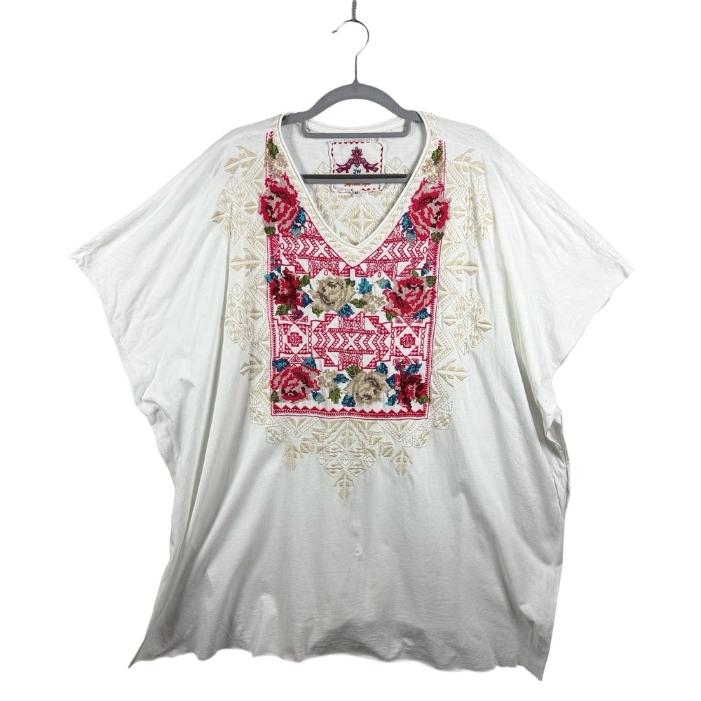 Johnny Was Embroidered Floral Tunic Top Szโ M White Poncho 100% Cotton V-Neck